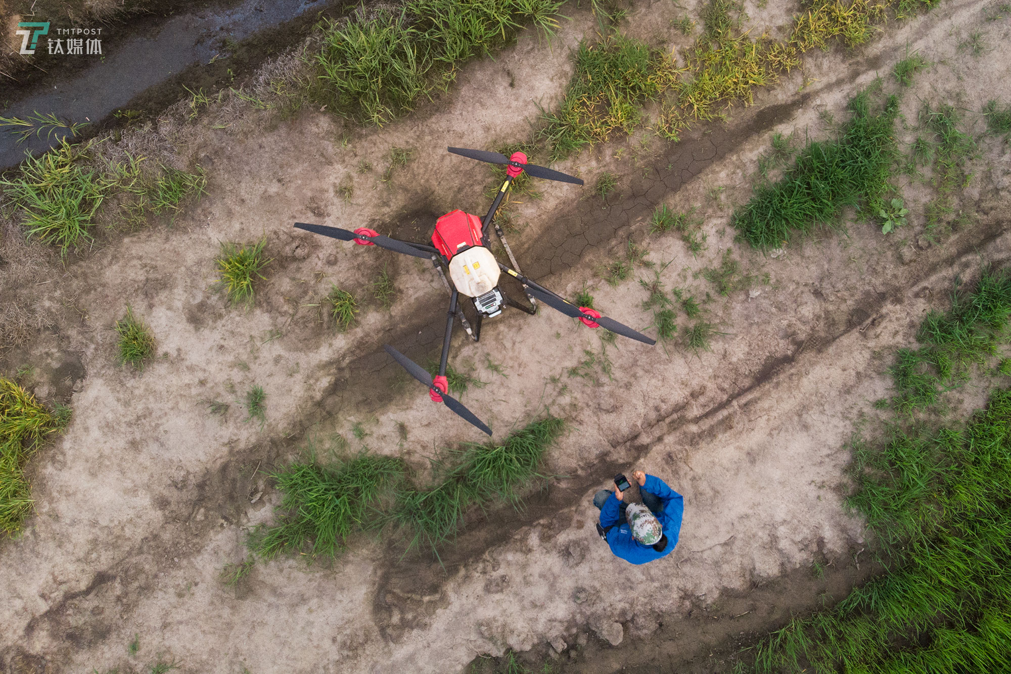 The new farmers with spraying drones in China's northeast farm land Beidahuang        