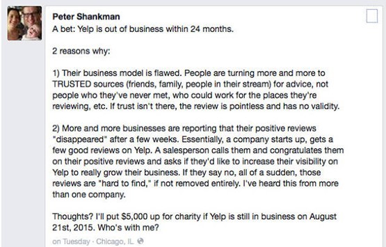 投资人5000美元赌：Yelp模式将难以为继！
