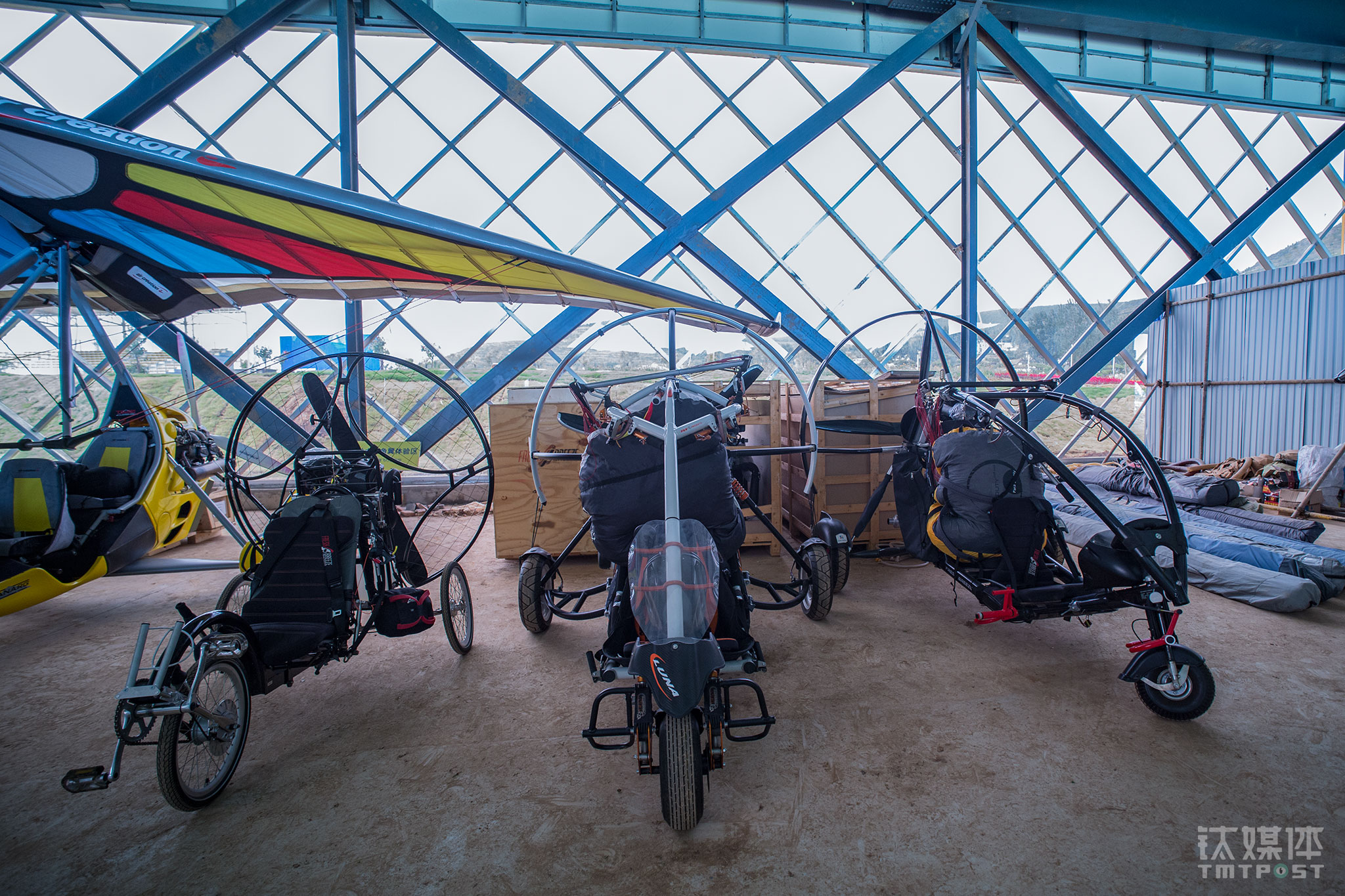 Powered parachutes in the temporary hangar. Powered parachutes take up a rather small space and don