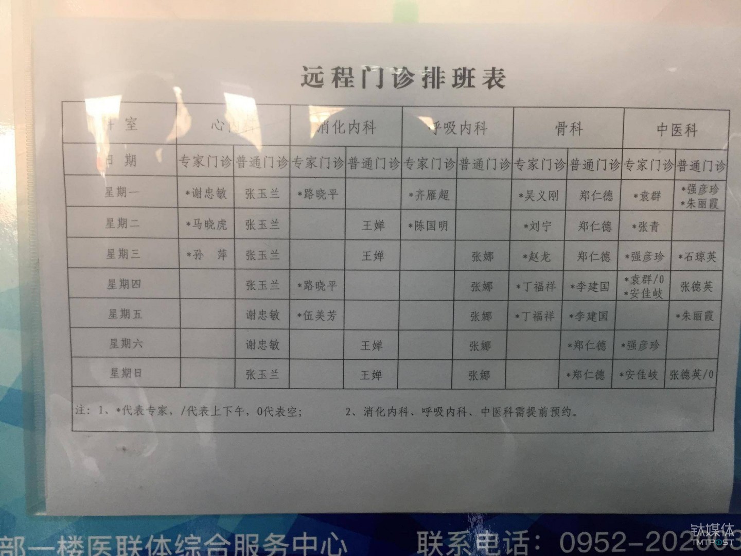 永乐社区卫生服务站张贴的远程门诊排班表（图：钛媒体编辑 付梦雯）