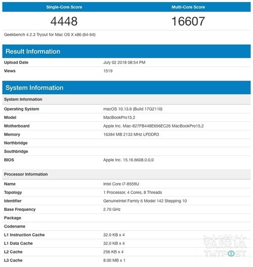 实锤第八代酷睿处理器,苹果新MacBook Pro跑