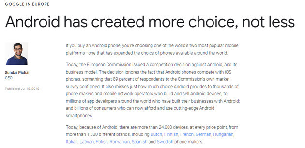 欧盟对谷歌发出50亿美元的罚单后，谷歌CEO桑德&middot;皮查在谷歌官网发文抗议。