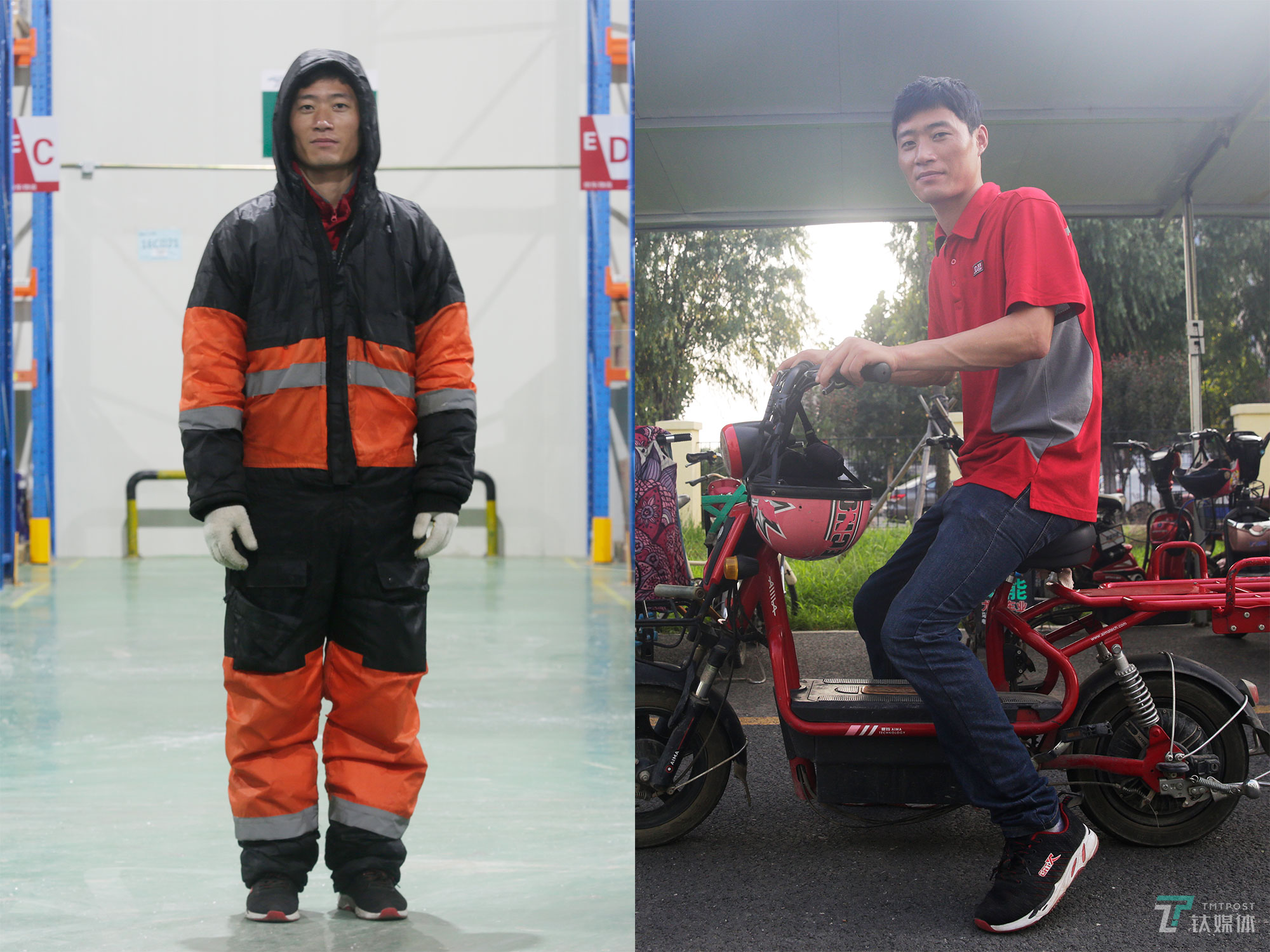 在零下18℃冷库中，他必须全副武装（左）；下班后脱下防护服骑上电动车回宿舍，是他最轻松的时刻。&ldquo;我更喜欢冬天。&rdquo;张修景告诉钛媒体《在线》，因为冬天温差小，工作起来相对舒服一点。