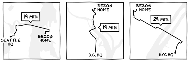 贝佐斯在三个城市的家到公司的距离
