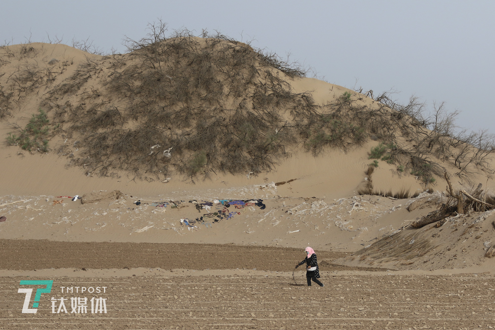 2019年5月18日，民勤县收成镇礼智村，沙漠边一片尚未播种的蜜瓜地，瓜农在撒化肥，瓜地边的沙坡铺满了用于固沙的薄膜和废旧衣服。