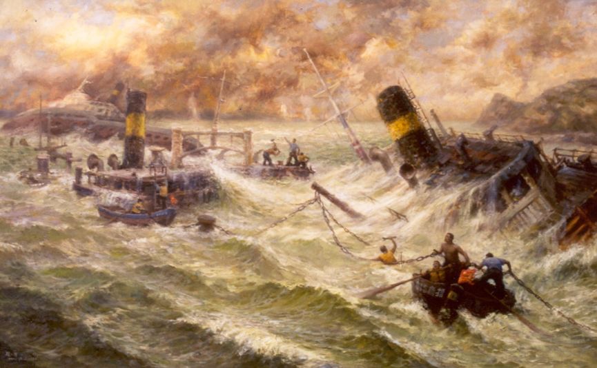 招商局历史组画之八《沉船抗日》(油画)