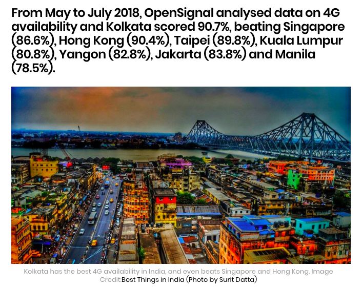 不过现在情况变了，加尔各答4G网络的好用程度甚至超过了新加坡和香港（据The Better India）
