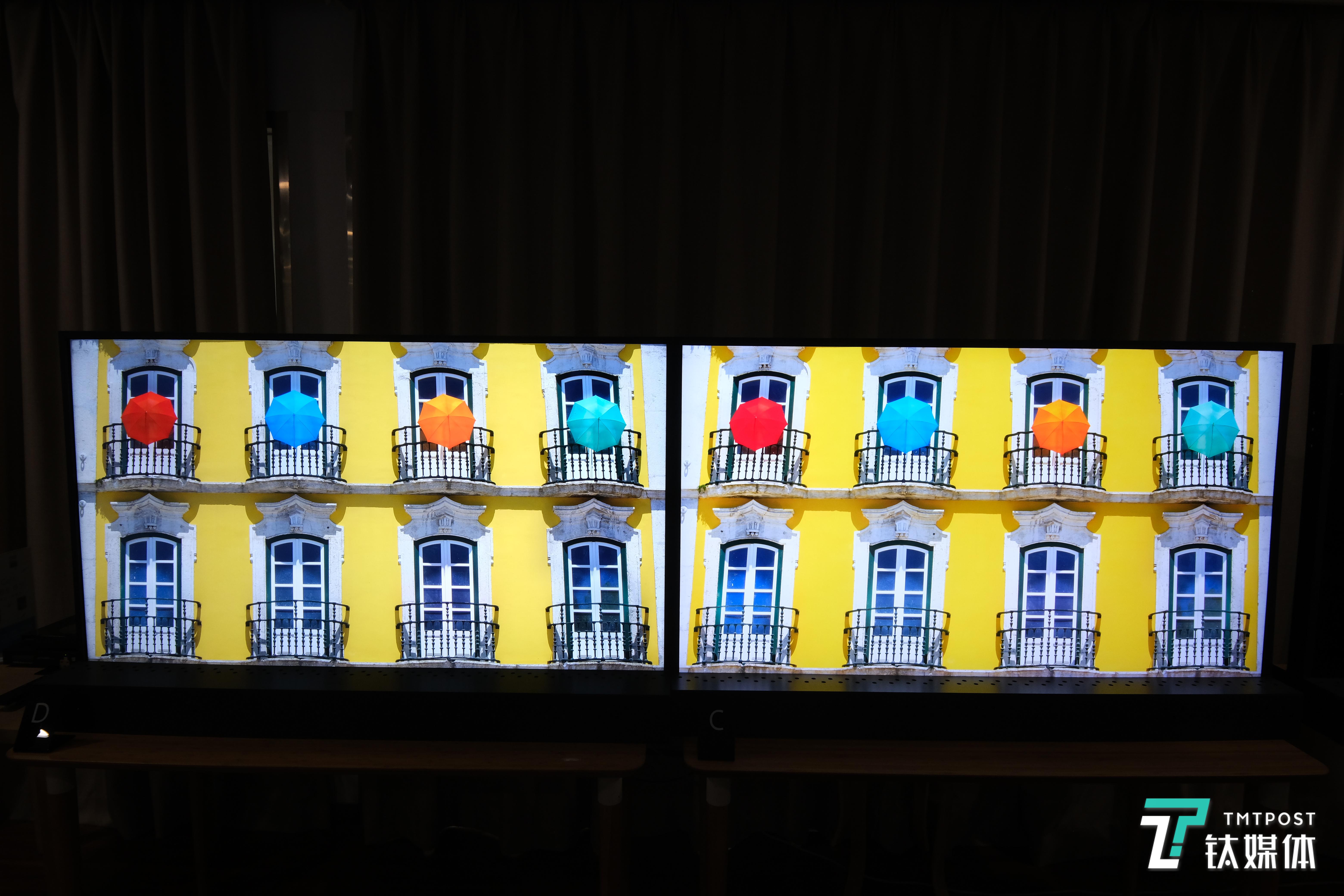 复杂颜色场景下的画面对比，左为索尼产品，右为其他产品