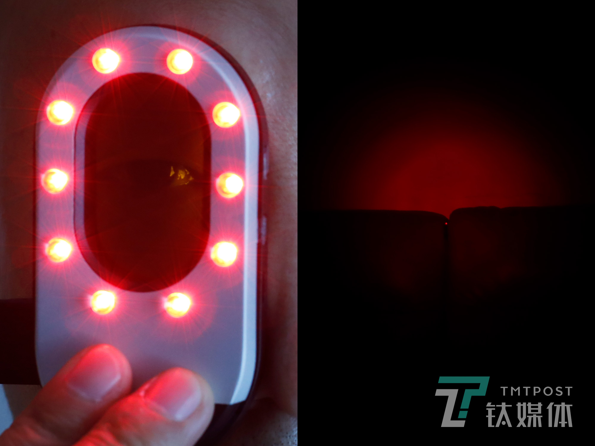 在便携式扫描仪的照射下，一枚针孔摄像头反射出红色亮点。何志会向钛媒体《在线》介绍，针孔摄像头很难用肉眼去发现，如果不具备专业检测条件，想检测所处的室内空间是否安全，可以使用便携的针孔摄像头扫描仪。