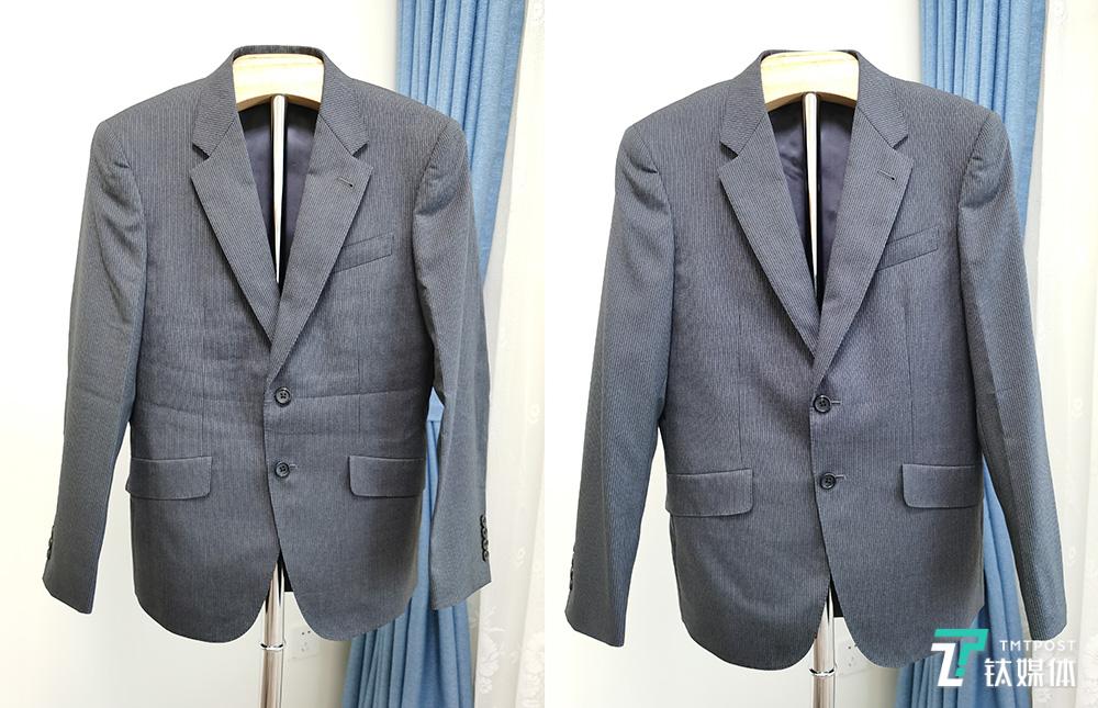 毛料西服熨烫前（左边）和熨烫后（右边）对比