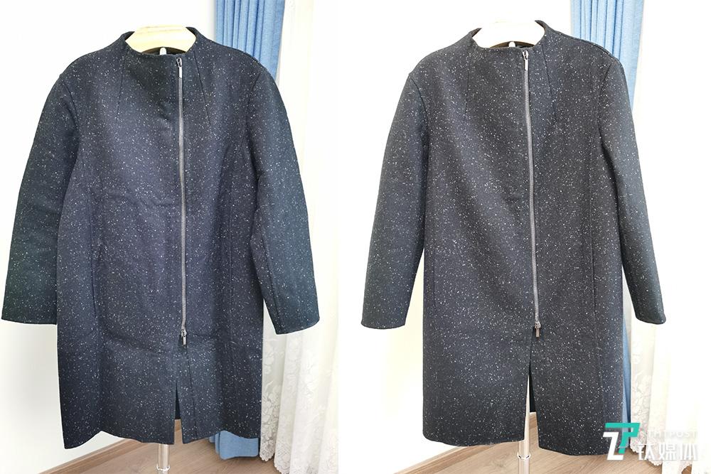呢大衣熨烫前（左边）和熨烫后（右边）对比