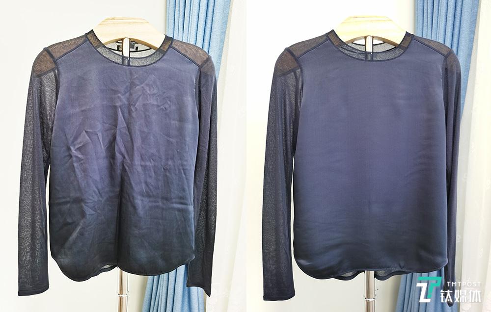 真丝上衣熨烫前（左边）和熨烫后（右边）对比