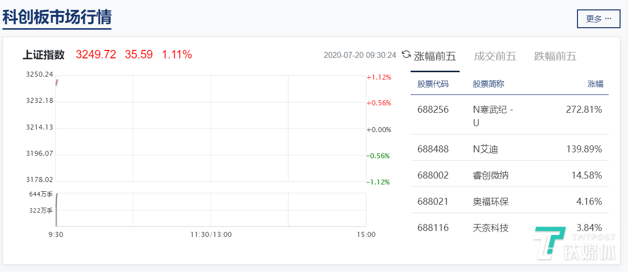 寒武纪股票涨幅跃居第一