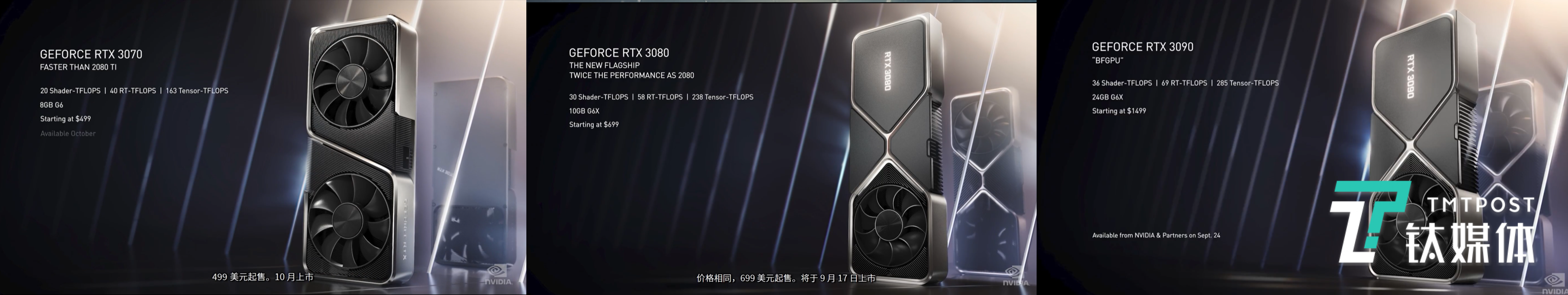 此次发布的RTX3070、3080以及3090