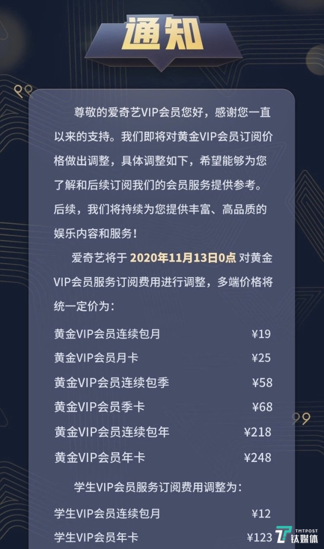 爱奇艺会员涨价后的价格