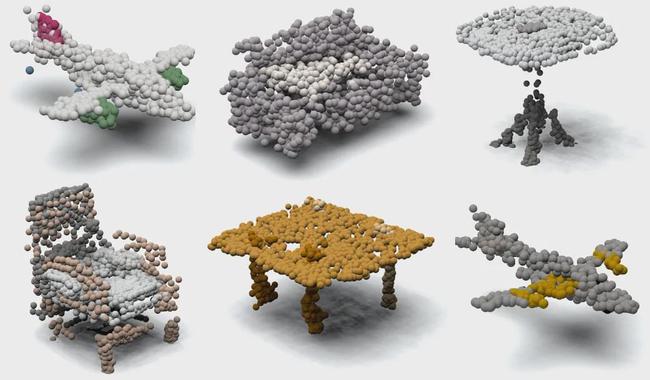图 | PCGAN 合成的 3D 点云图像，飞机、桌椅等（来源：该论文）