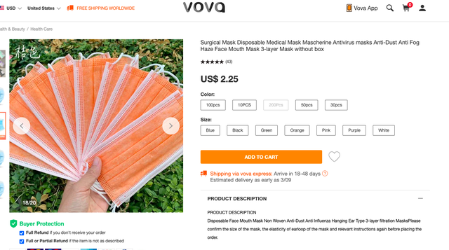 Vova上的口罩照片中用中文标记着颜色