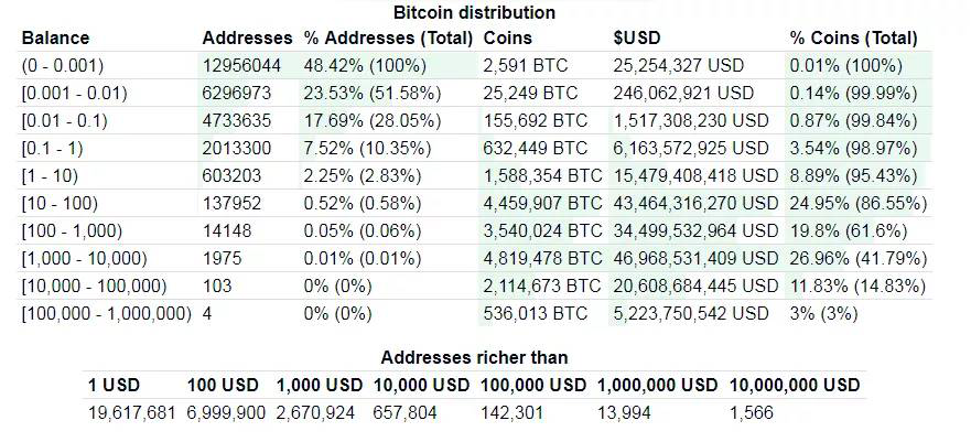 比特币分布情况。数据来源：BitInfoCharts