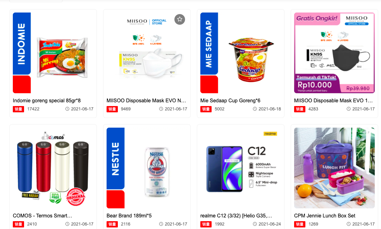 近一月内TikTok小店印尼市场销量排名 / 灵猫数据