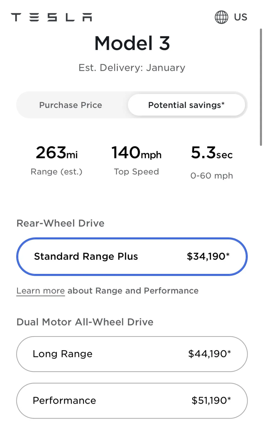 特斯拉Model 3美国官网最低售价3.4万美元