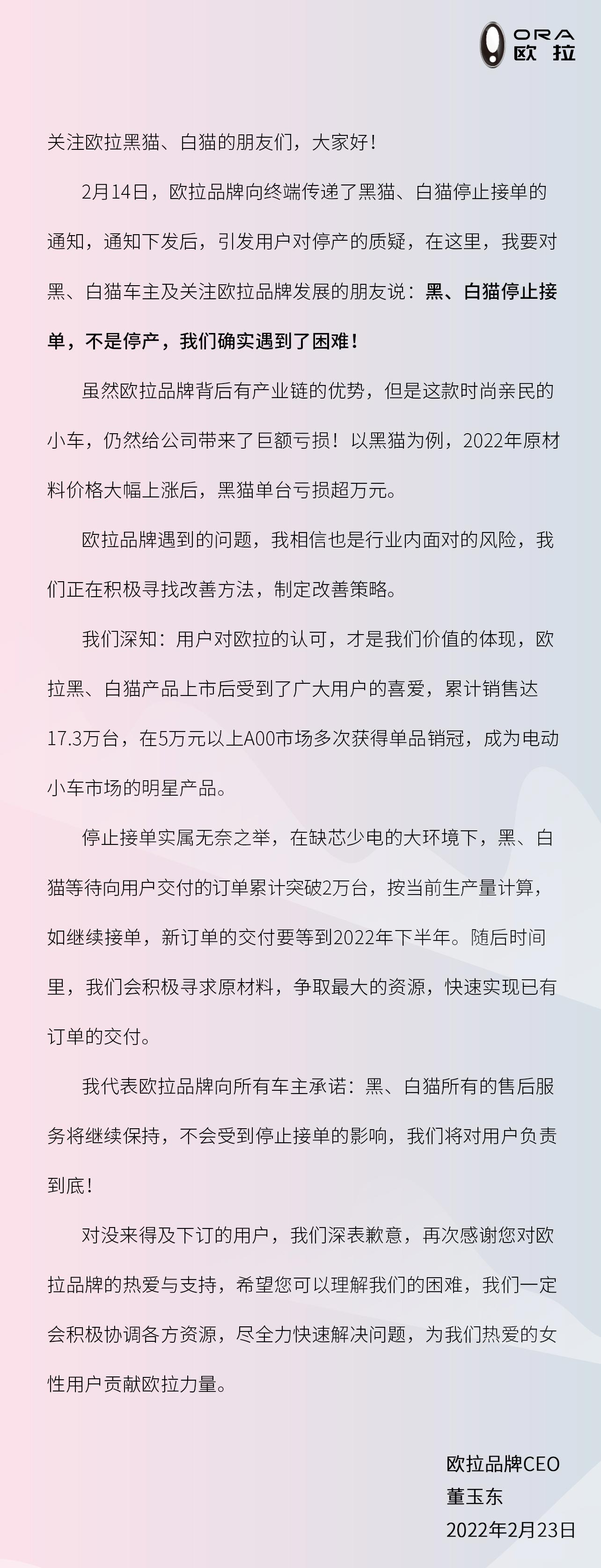欧拉品牌CEO董玉东发表声明