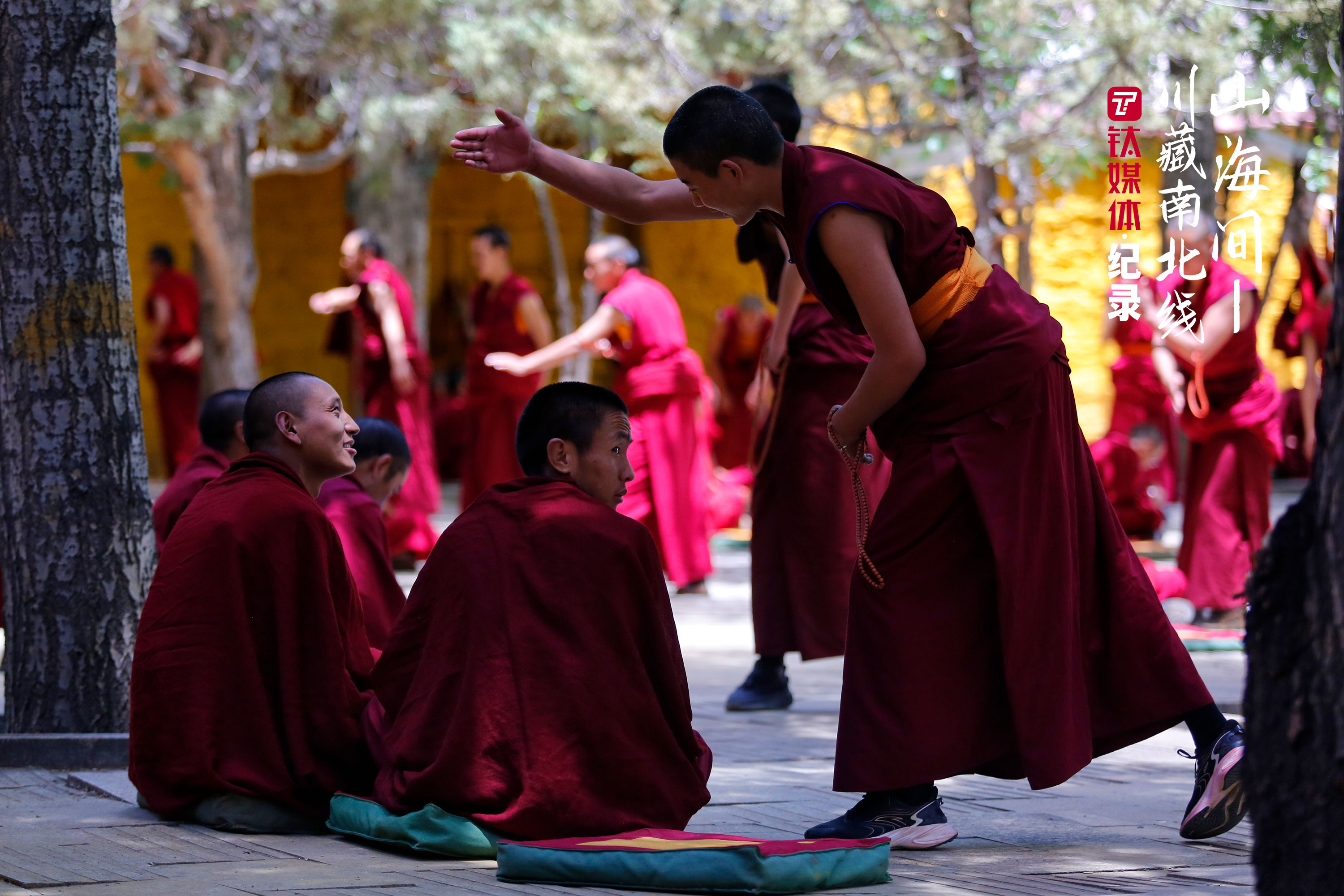 甘丹寺辩经场，辩经的僧人。辩经是一门学习课程，僧众通过逻辑推理的方式辩论佛教教义。在辩论中，站着的一方为提问者，坐着的一方为回答者。