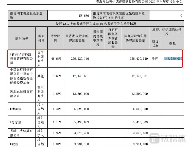 天佑德酒大股东华实投资持股情况，来源于半年报