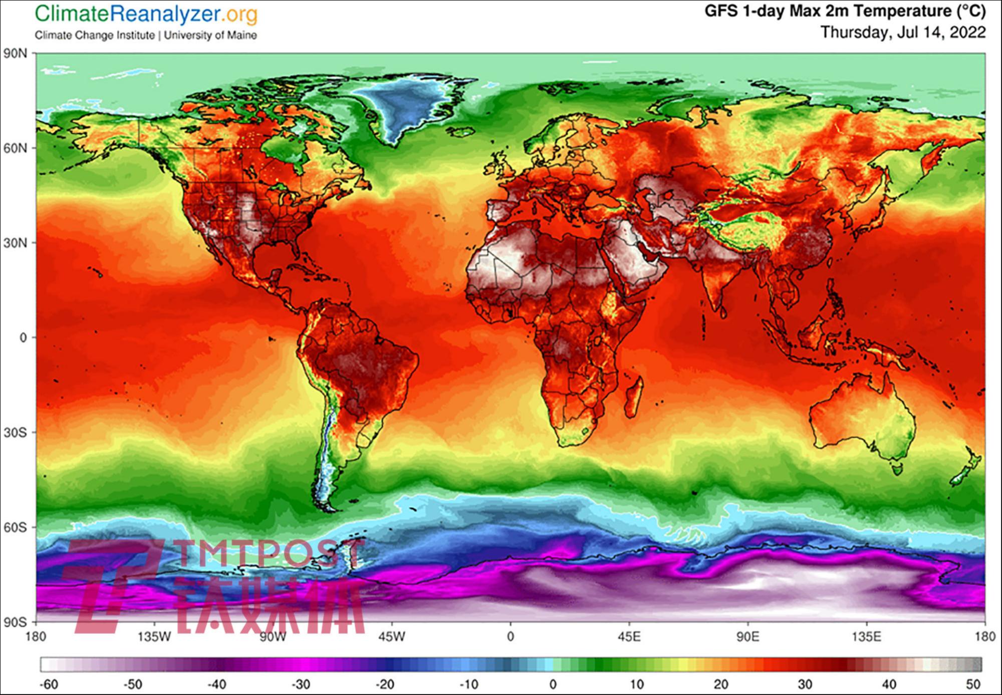 全球预报系统（GFS）2022年7月14日的最高温度分布图。11月6日，世界气象组织发布《2022年全球气候状况》临时报告：2022年的全球平均温度比1850-1900年工业化前平均温度高出约1.15&deg;C。罕见的&ldquo;三峰&rdquo;降温型拉尼娜现象意味着2022年可能&ldquo;仅&rdquo;是第五或第六最暖年份。