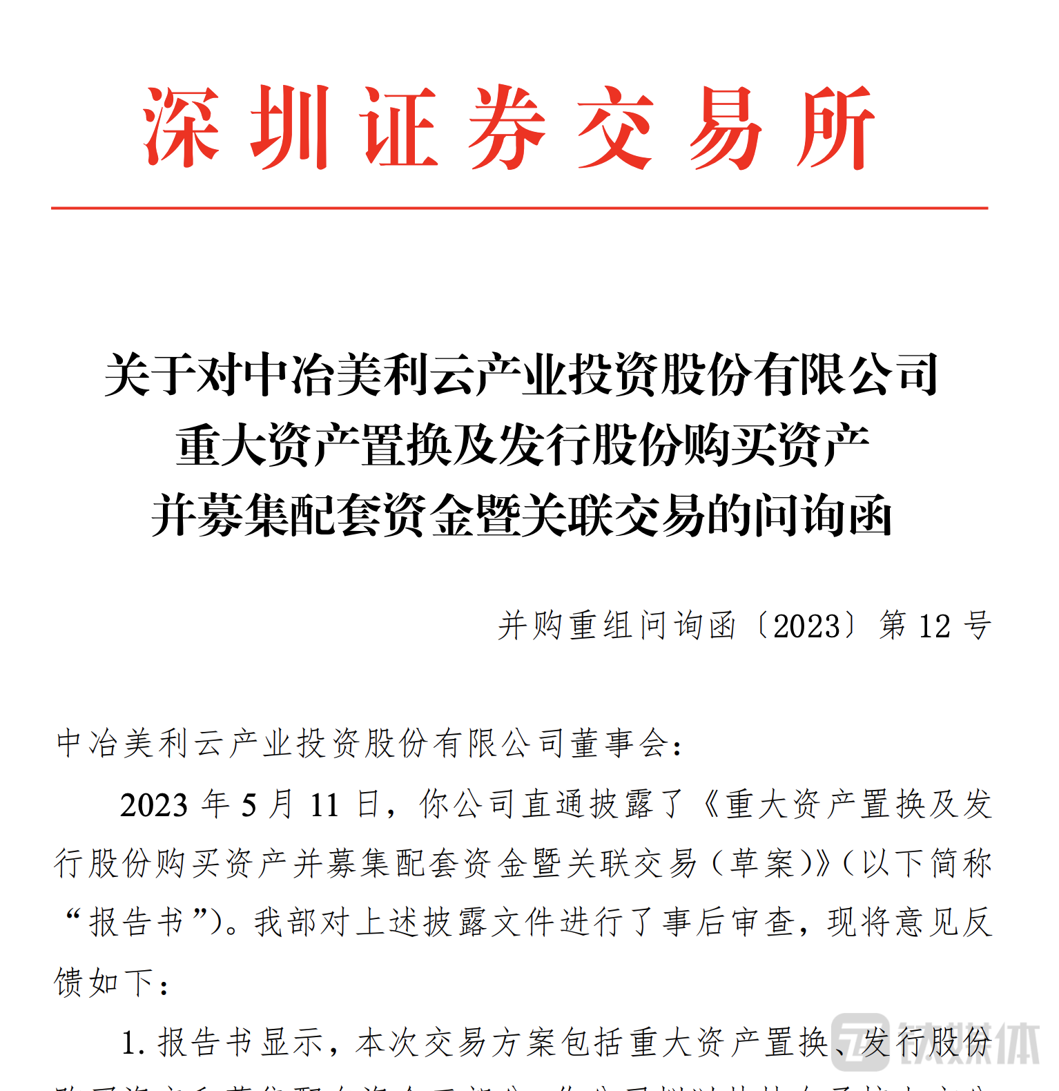 美利云因重大资产置换被问询