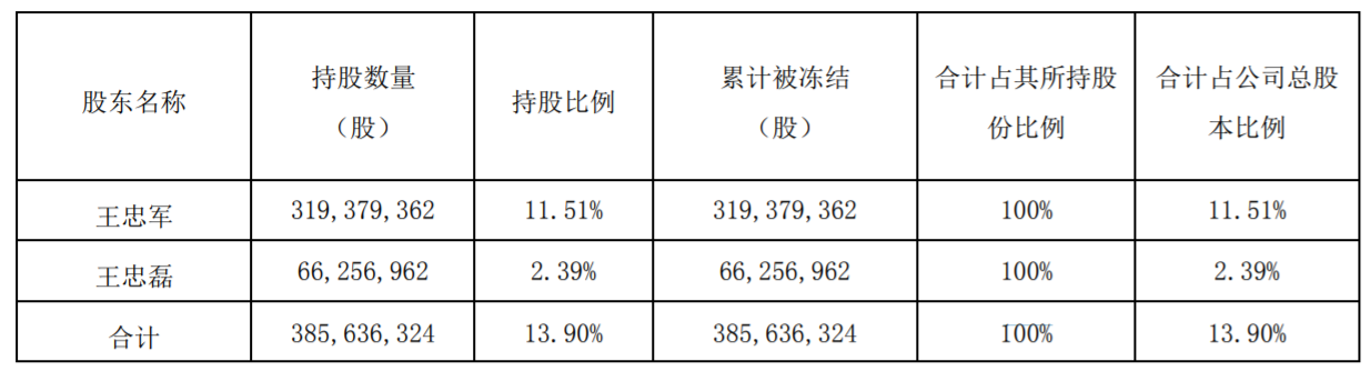 股东股份累计被冻结的情况