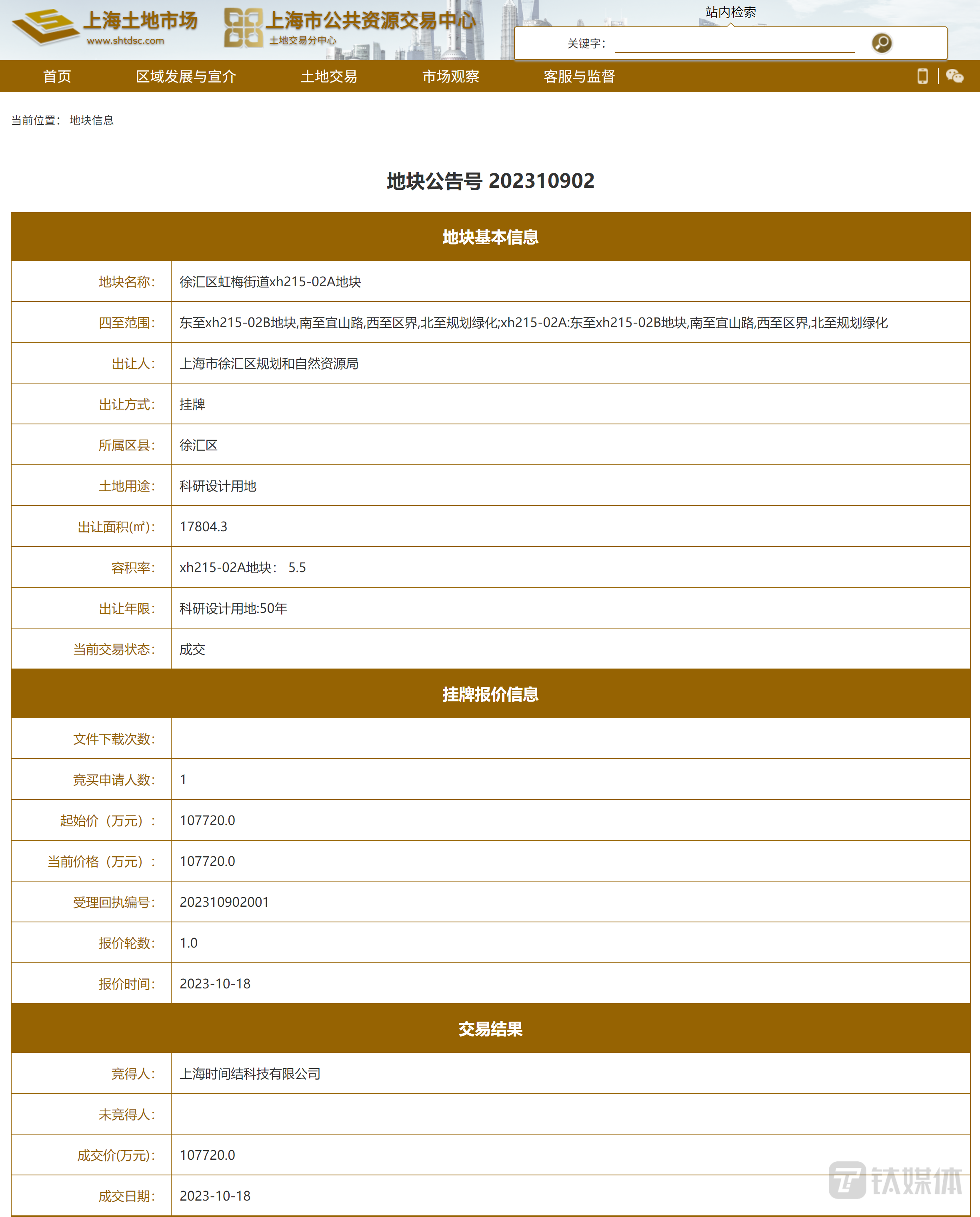 米哈游购置地块相关信息（图源上海市公共资源交易中心）