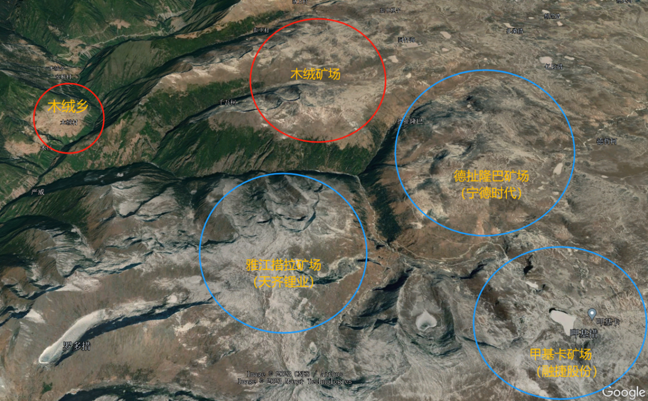 木绒锂矿及甲基卡部分矿山位置关系 图源：Google Earth