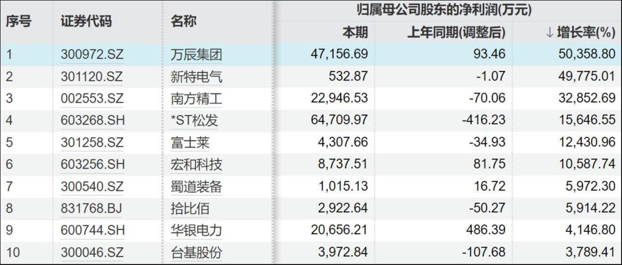 净利润增速top10，来源：Wind
