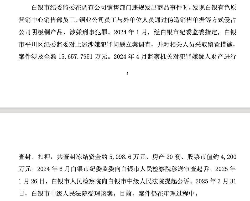 白银有色被立案调查，此前内控等问题曾遭上交所追问