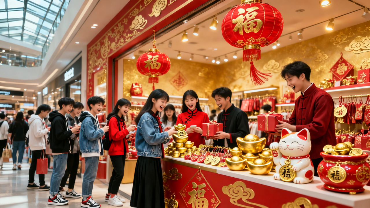 求好运的年轻人，挤满了购物中心的财神店