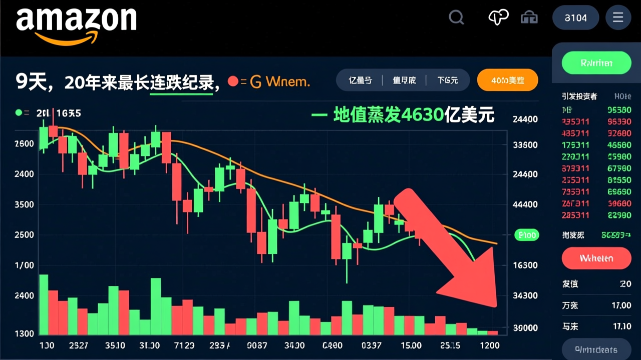 亚马逊股价九连跌：市值蒸发4630亿美元，AI巨额投资引发市场担忧