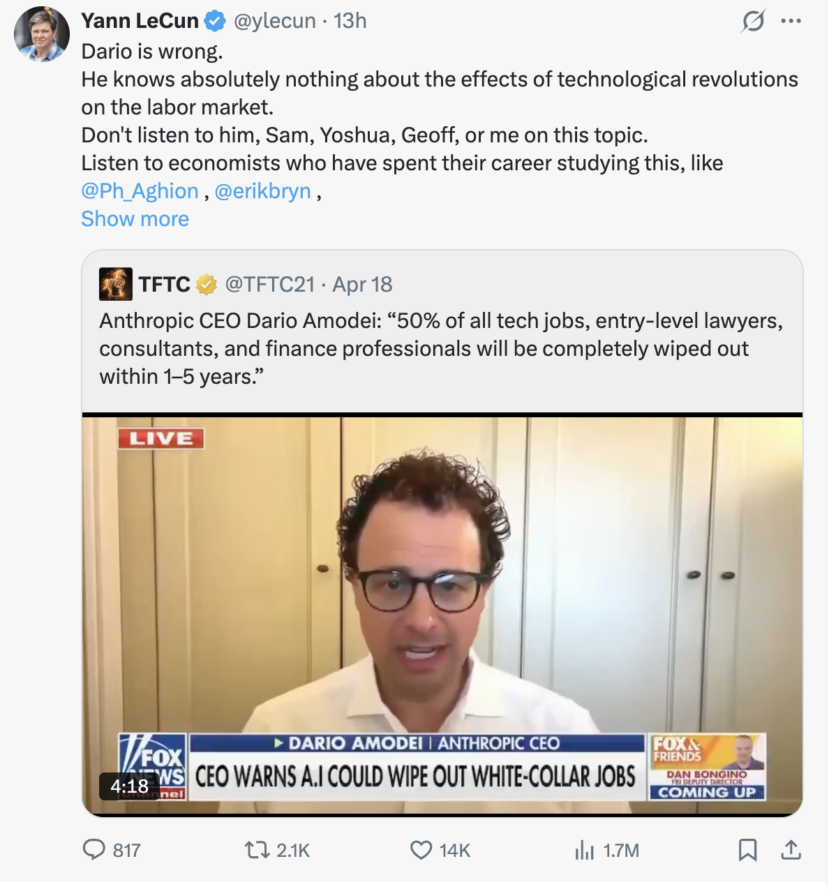 LeCun Blasts Anthropic CEO as AI Salesman