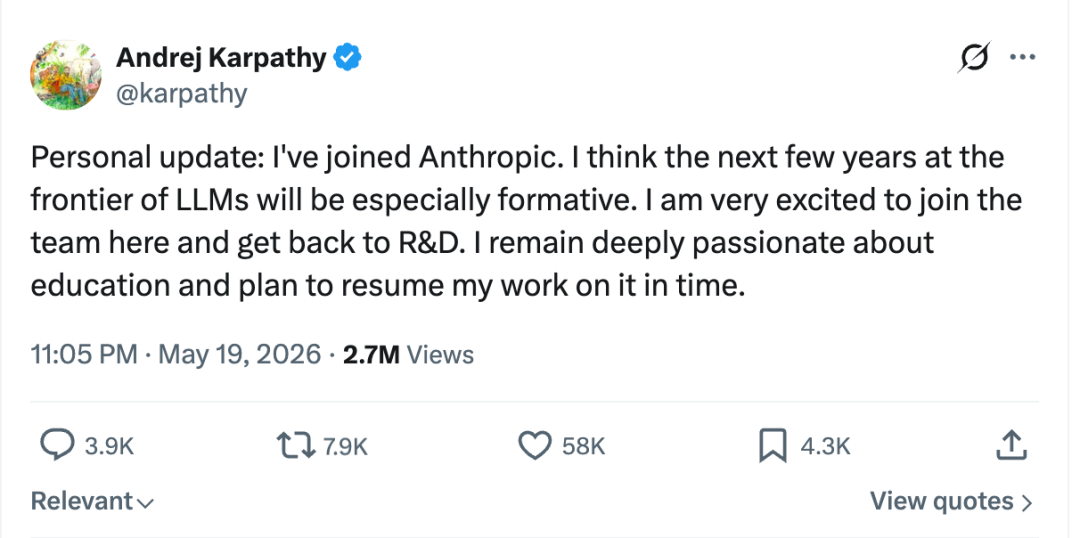 传奇研究员 Karparthy 加入 Anthropic，你想知道的一切都在这里