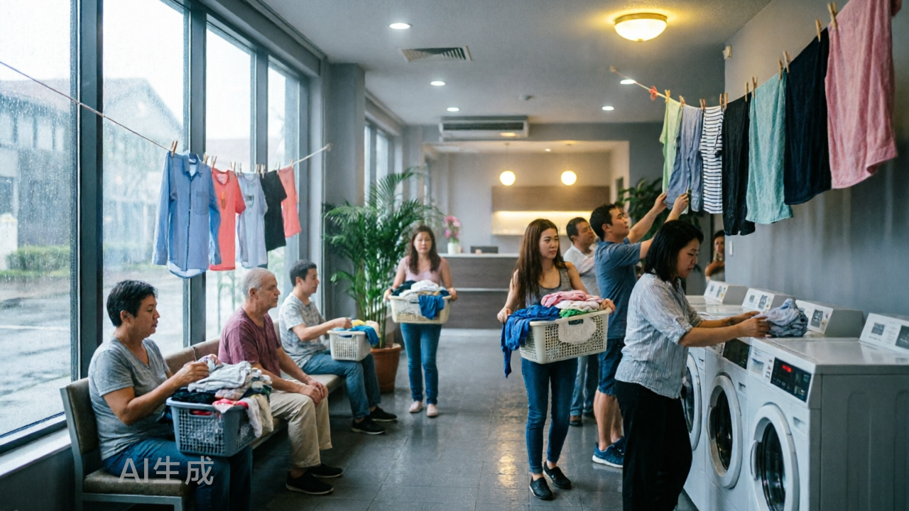 梅雨季，酒店挤满了洗衣服的人