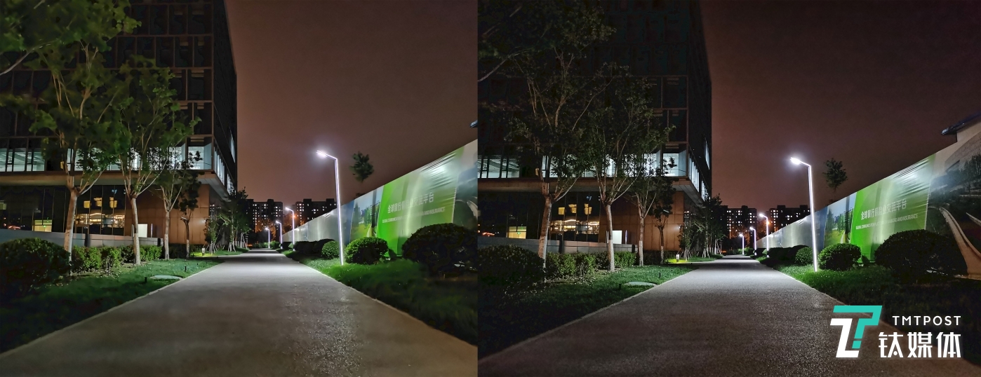 手持超级夜景（左）快门：6秒 和普通拍摄（右）快门：1/25秒