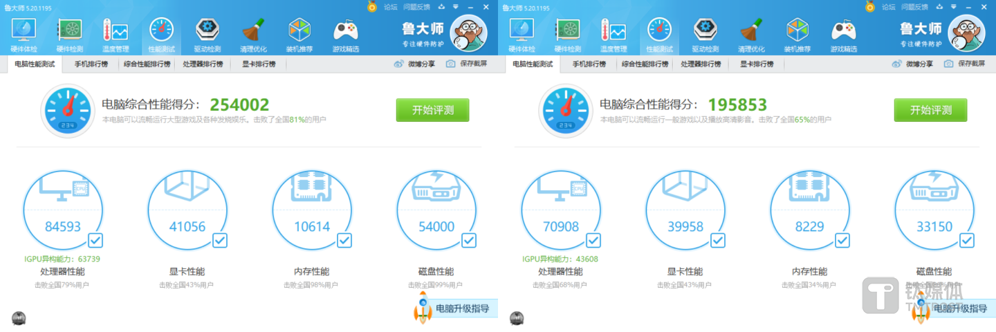 左侧开启性能模式与右侧关闭性能模式