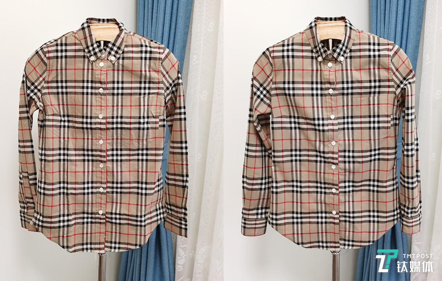 衬衫熨烫前（左边）和熨烫后（右边）对比