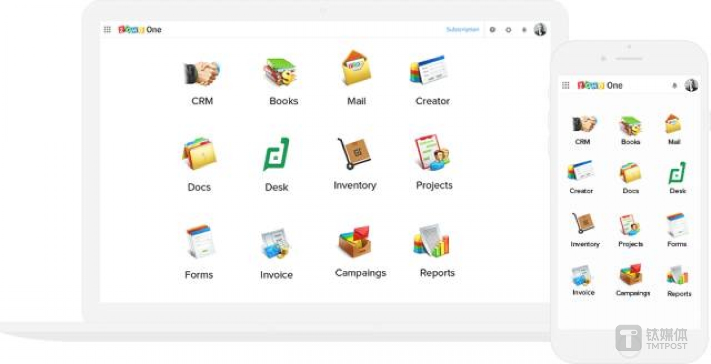 在2017年7月，ZOHO 推出了一套包含 35 款在线办公软件的&ldquo;ZOHO One&rdquo;软件包
