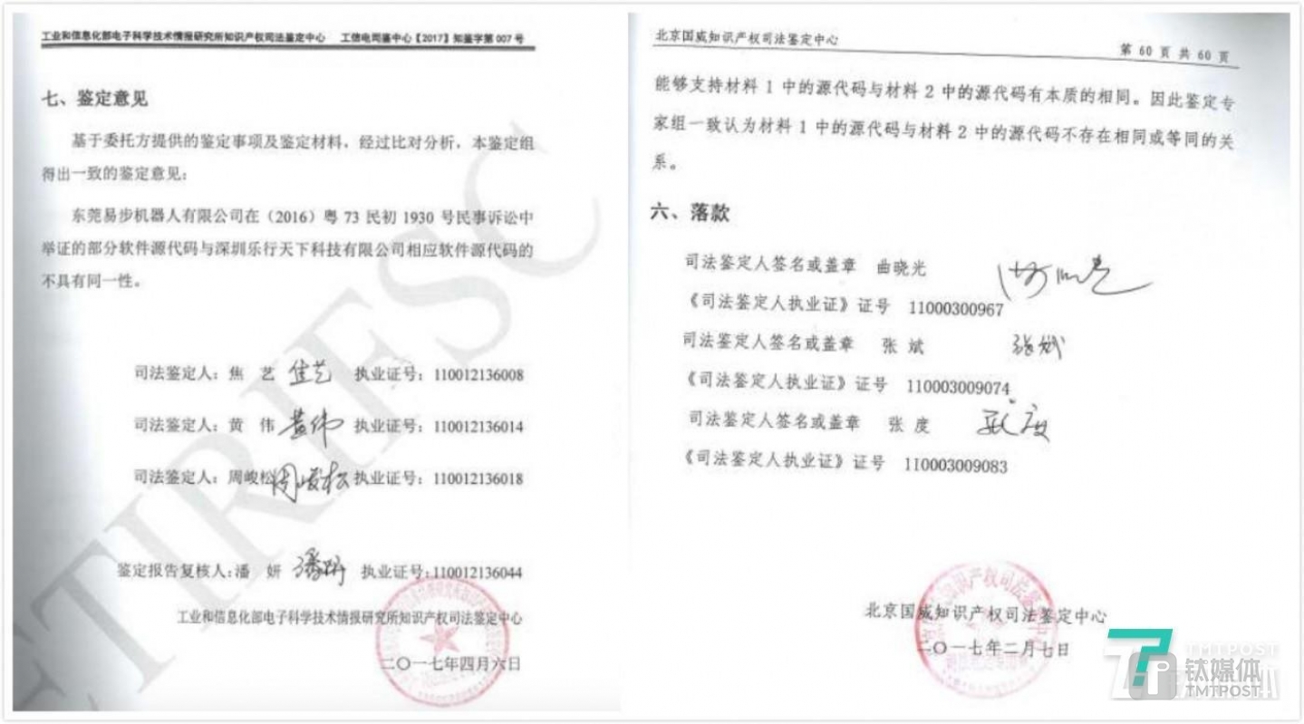 权威机构鉴定结果显示二者代码不存在相同（左为工信部下属鉴定机构出具意见，右为北京国威知识产权鉴定机构出具意见）