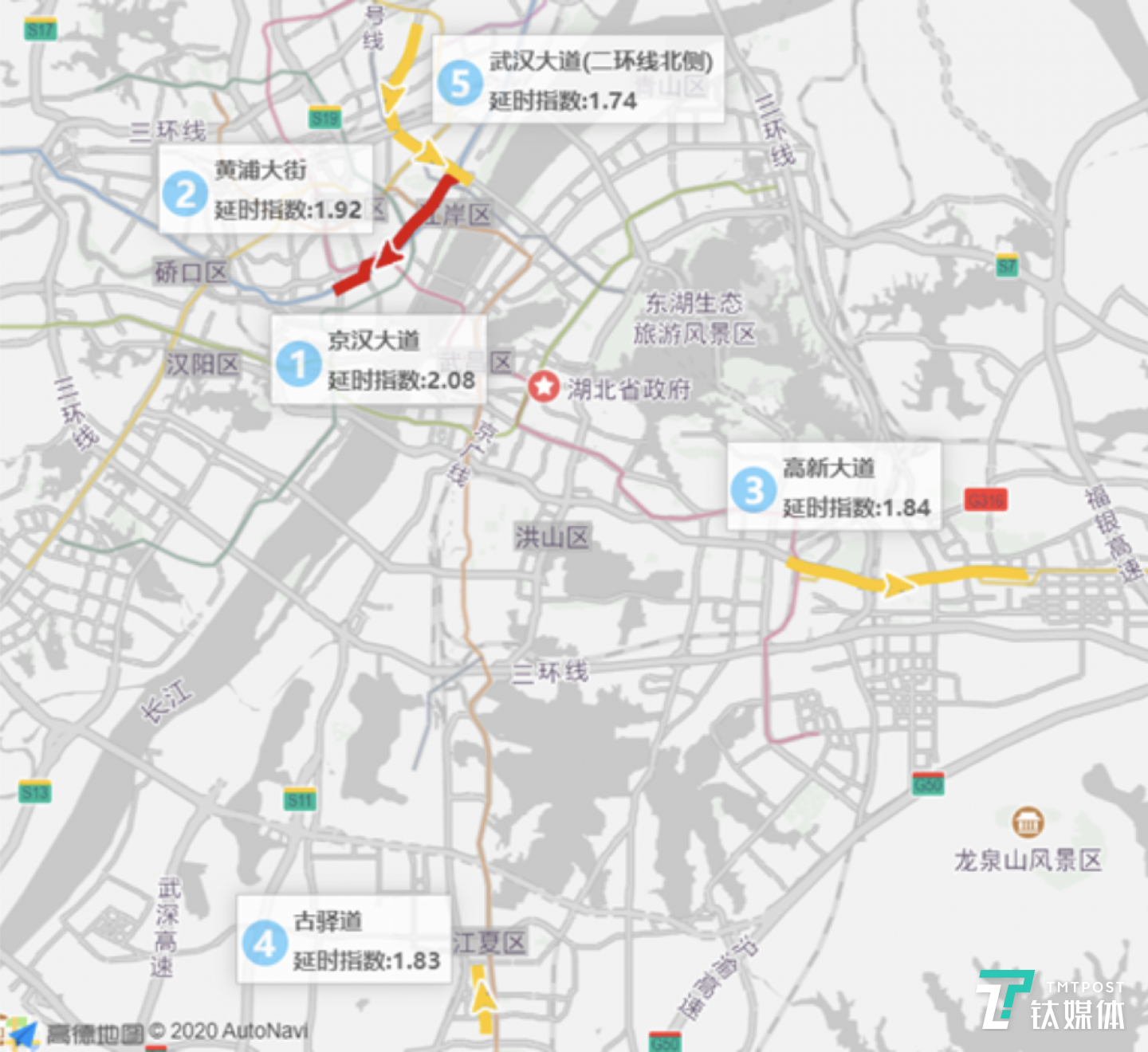 4月8日武汉早高峰拥堵延时TOP5道路 来源：高德地图