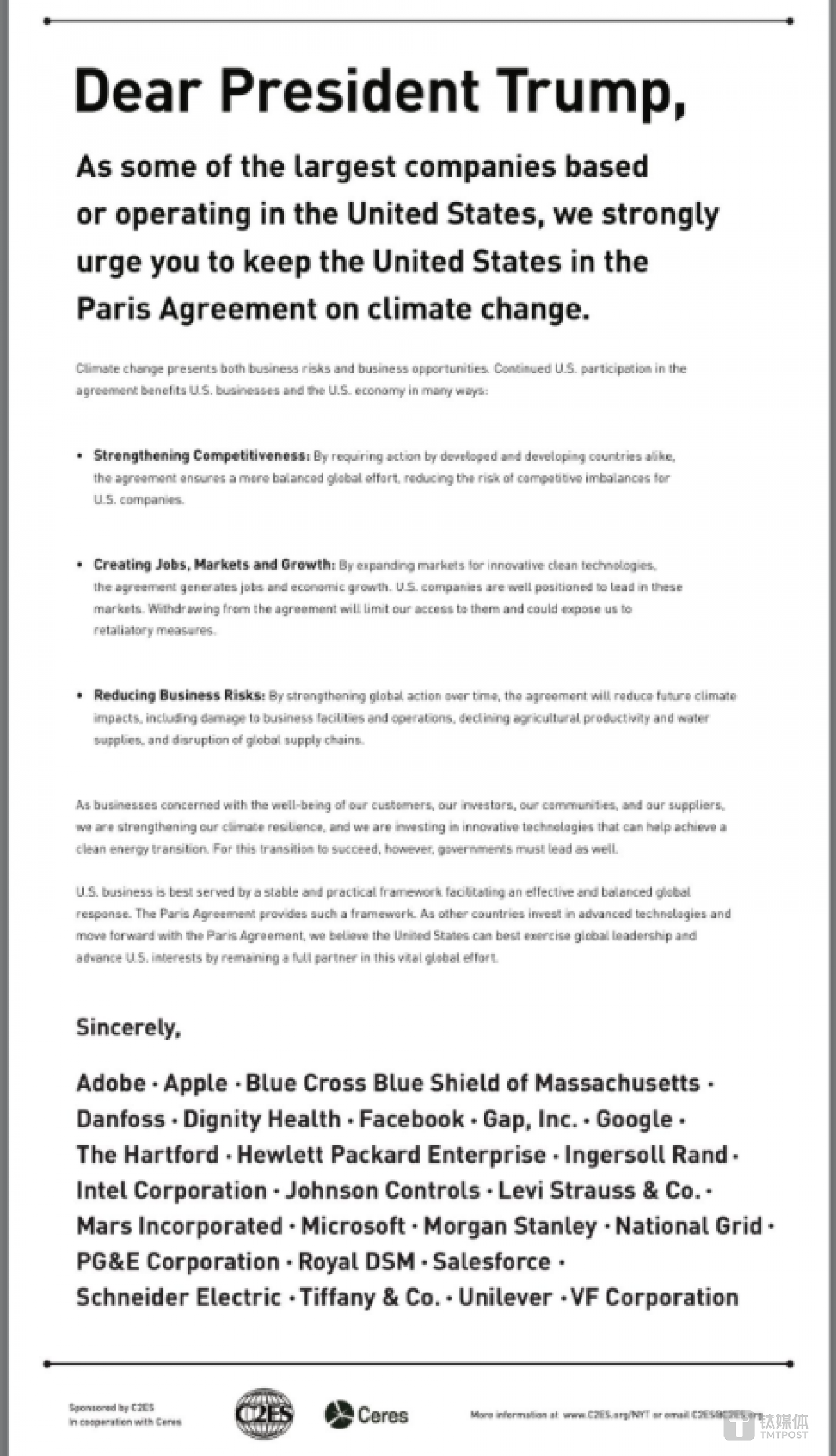 25家科技公司反对美国退出《巴黎气候协议》的声明。图片来源/pbs.twimg.com。