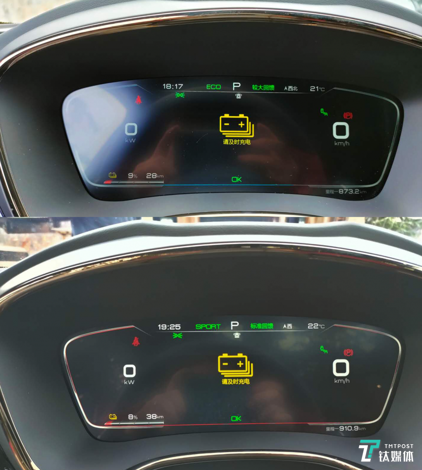 仪表显示（上为出发前，下为到达目的地后）