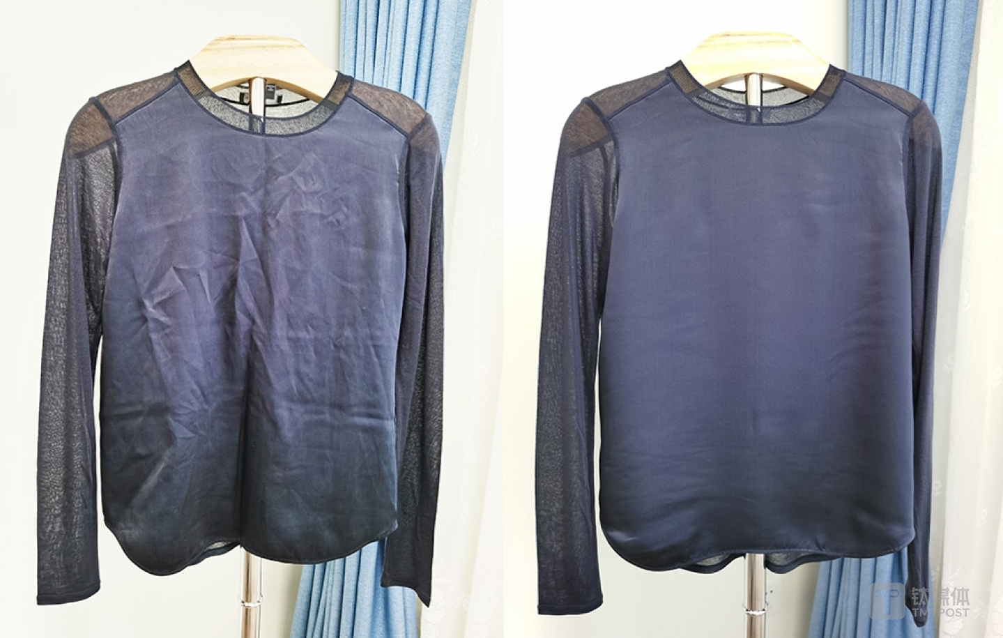 真丝上衣熨烫前（左边）和熨烫后（右边）对比