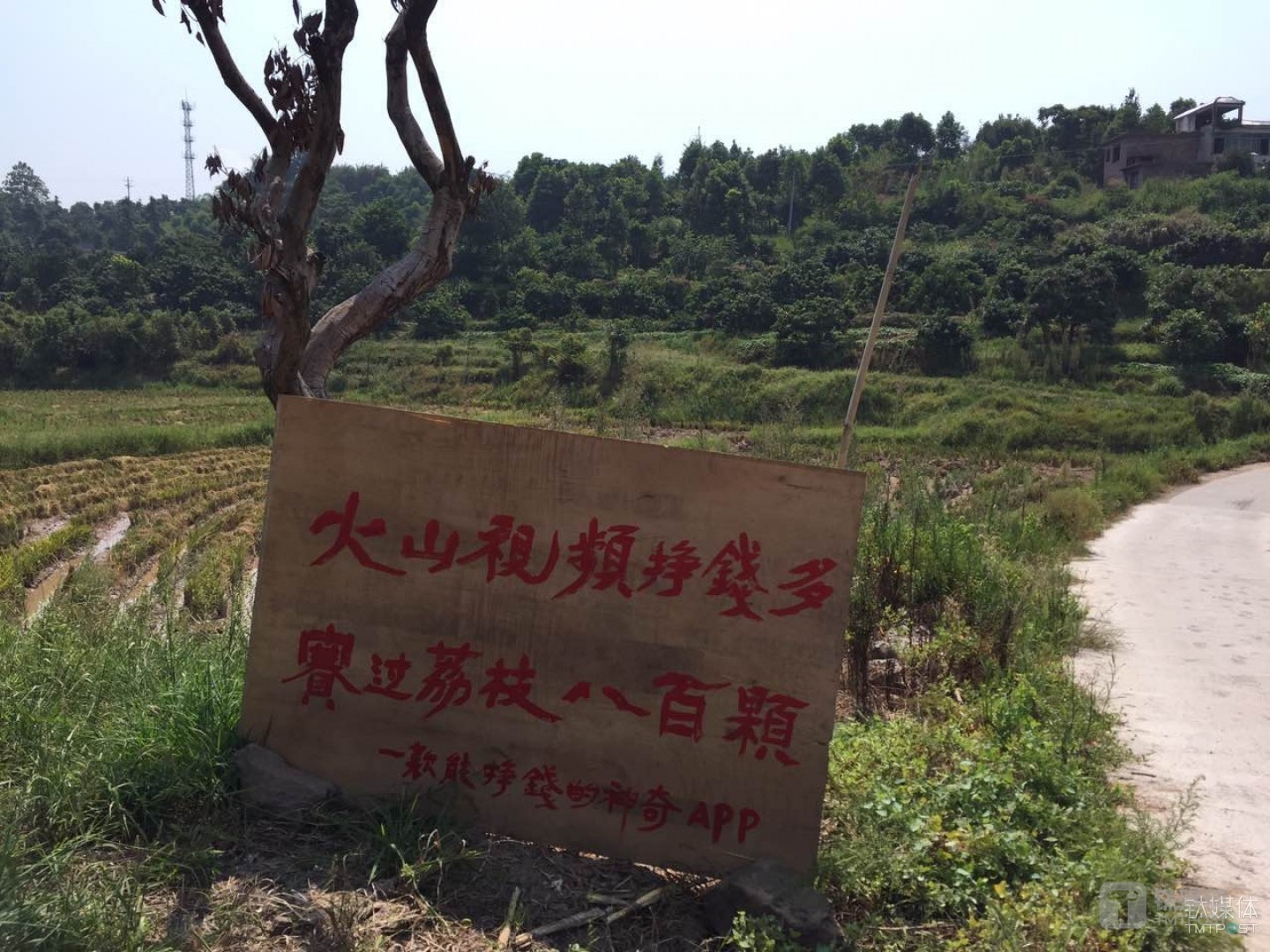 在进入三块石的村道边，火山小视频竖了&ldquo;赤裸裸&rdquo;的宣传板（摄影：钛媒体编辑 张远）