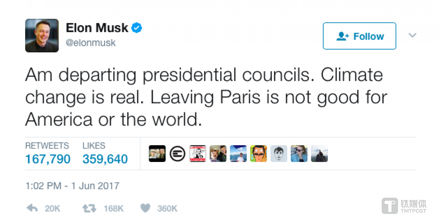 马斯克宣布退出特朗普总统。他说“气候变暖是真实发生的事,美国退出《巴黎协议》对自己和世界都没有好处”。图片来源/Twitter。